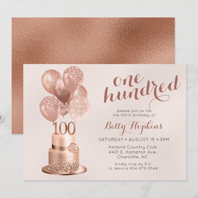 100-årsdag Rose Gold Tårta Inbjudningar (Fram/baksida)