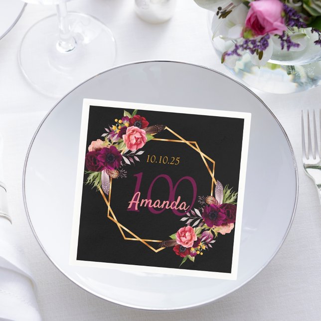 100-årsdag svart guld-blommigt-burgundi pappersservett (Skapare uppladdad)