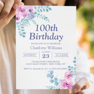 100-årsdag Vattenfärg Blommig Lila 100 År Inbjudningar
