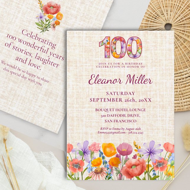 100-årsdag Vilda Blommor - Blommig Siffra Inbjudningar (Skapare uppladdad)