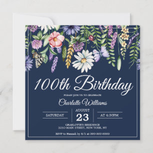 100-årsdag Vilda blommor Marinblå Elegant Inbjudningar