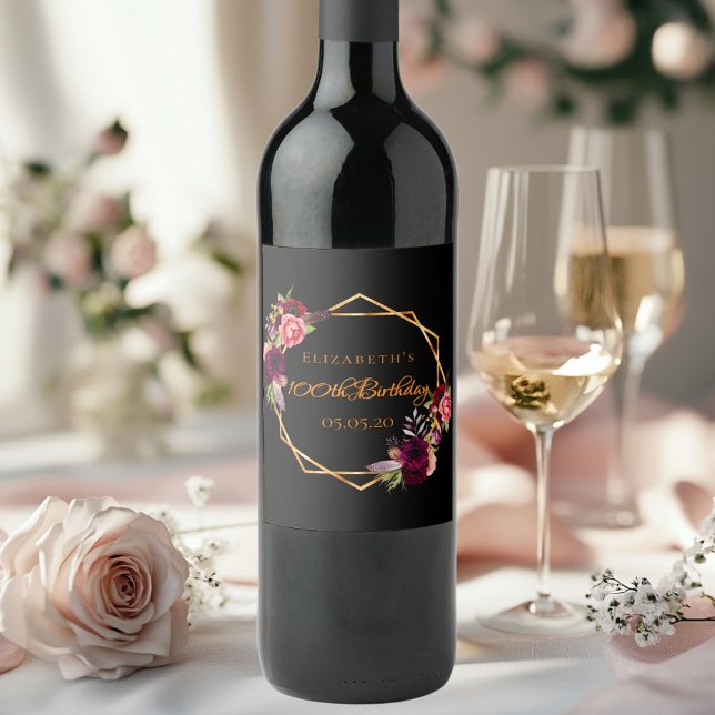 100-årsdagars svart guld-blommigt-burgare vinflaska etikett (Skapare uppladdad)