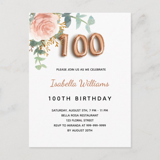 100-årsdagen blommigt ro guld eucalyptus foliage inbjudan vykort (Framsida)