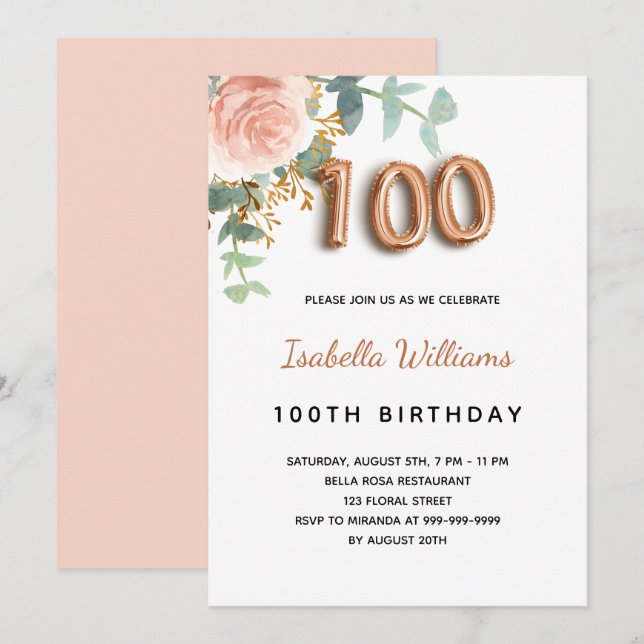 100-årsdagen blommigt ro guld eucalyptus foliage inbjudningar (Fram/baksida)