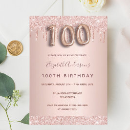 100-årsdagen ro guld glitter droppar rosa glam inbjudningar
