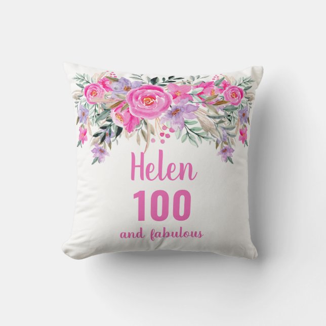 100-årsdagen rosa blommigt namn kudde (Framsida)