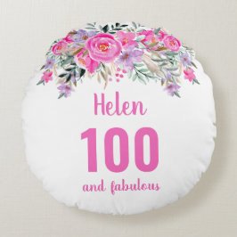100-årsdagen rosa blommigt namn runda kudde
