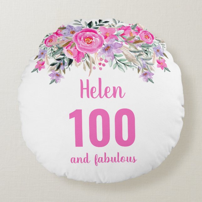 100-årsdagen rosa blommigt namn runda kudde (Framsidan)