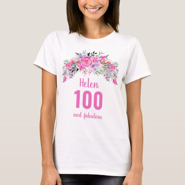 100-årsdagen rosa blommigt namn t shirt (Framsida)