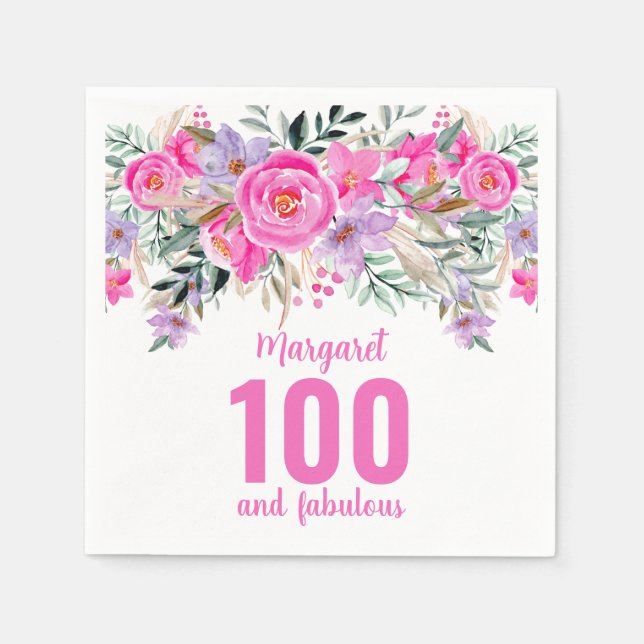 100-årsdagen rosa blommigt party pappersservett (Framsidan)