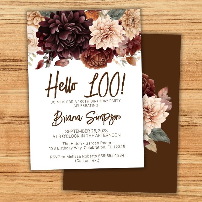 100-årsfest Brun Beige Blommor Blommig Inbjudningar (Skapare uppladdad)