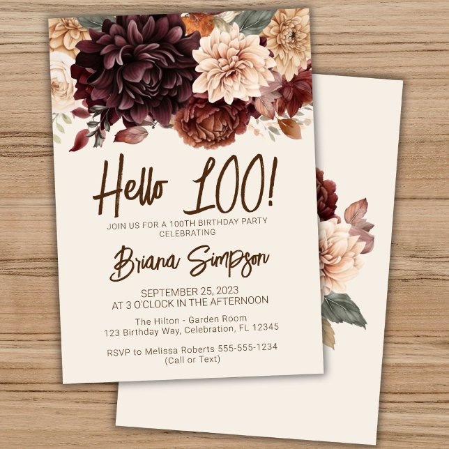 100-årsfest Brun Beige Elfenbensfärgade Blommor Inbjudningar (Skapare uppladdad)
