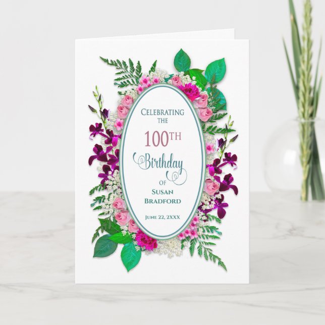 100-årsfestinbjudan, oval med blommor kort (Framsida)