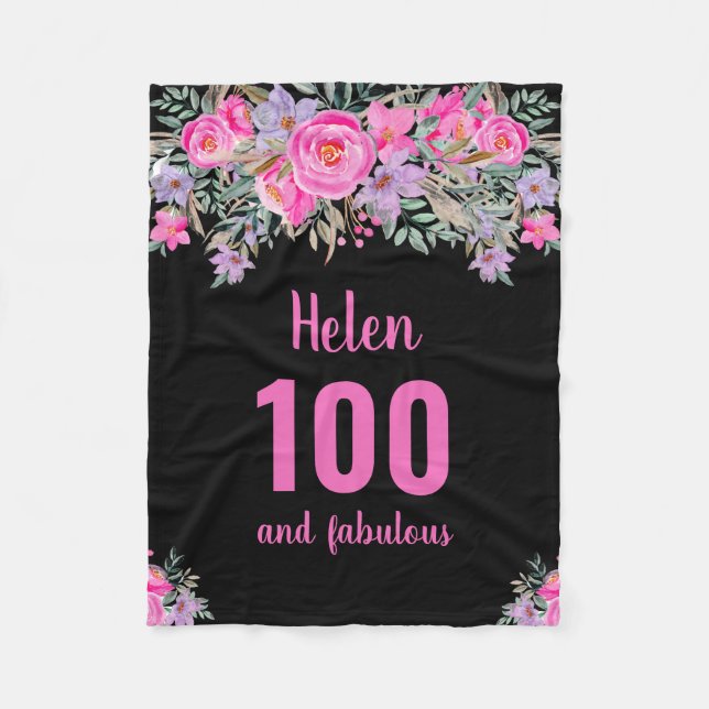 100-årsfilt för svart rosa blommigt fleecefilt (Framsidan)