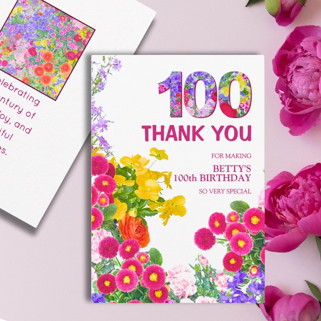 100-årsfirande Blommig Elegant Tack för 100 år Kort (Skapare uppladdad)