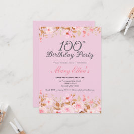 100-årsfirande Elegant Feminint Rosa Blommigt Part Inbjudningar