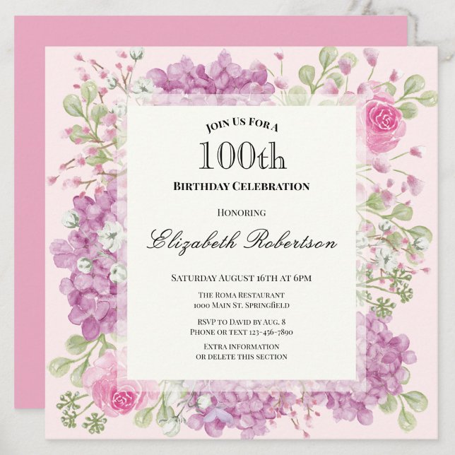 100-årsfirande Inbjudan Eleganta Rosa Blommor (Skapare uppladdad)