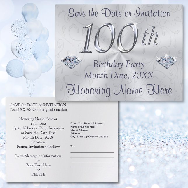 100-årsfirande-inbjudningar eller Spara datumet Meddelande Vykort (Save the date 100th birthday. 100th birthday save the date post cards. 100th birthday invitations.)