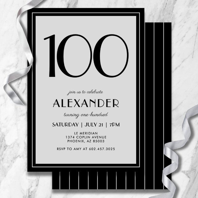 100-årsfirande Modern minimalistisk svart grå herr Inbjudningar (Celebrate turning 100 with sleek typography and timeless sophistication.)