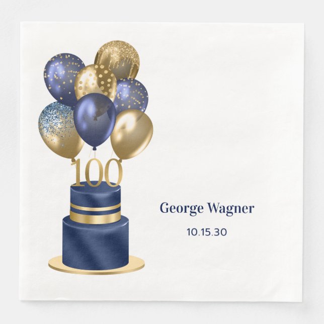 100-årsfirande Navy Blue Ballongtårta Pappersservett (Framsida)