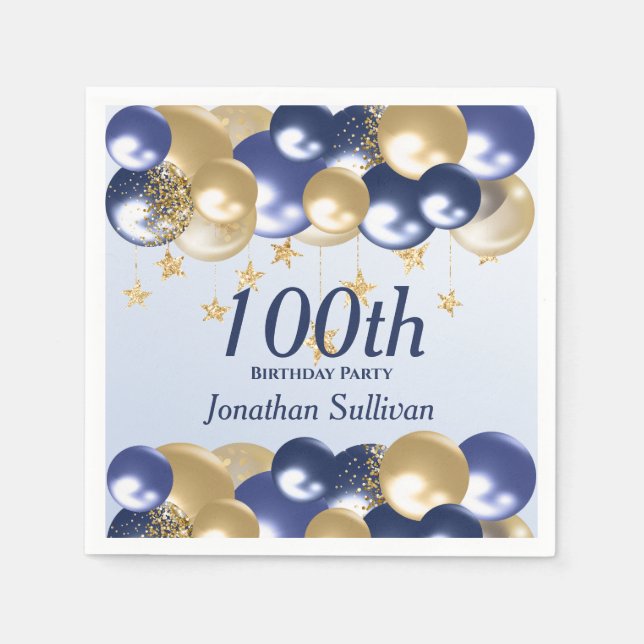 100-årsfirande Navy Guld Ballonger Party Pappersservett (Framsidan)