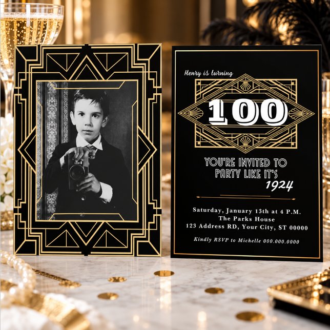 100-årsfirande Roaring 20s Art Deco Svart Guld Inbjudningar (Skapare uppladdad)