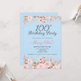 100-årsfirande Rosa Blomma Elegant Blommig Feminin Inbjudningar
