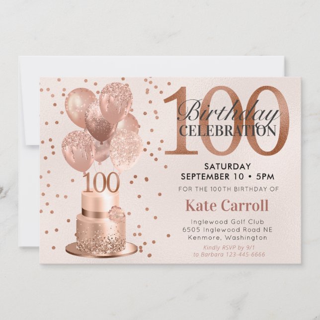 100-årsfirande Roséguld Tårta Inbjudningar (Framsida)