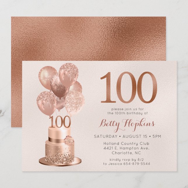 100-årsfirande Roséguld Tårta Inbjudningar (Fram/baksida)