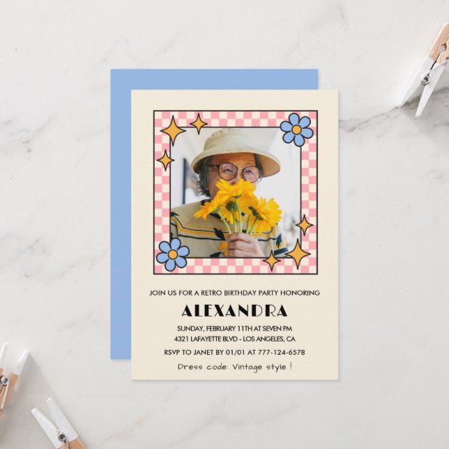 100-årsinbjudan Retro Groovy Blue Blommigt Inbjudningar (Fram/Back In Situ)