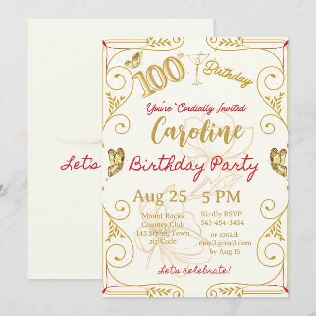 100-årsjubileum Elegant Inbjudningar (Fram/baksida)