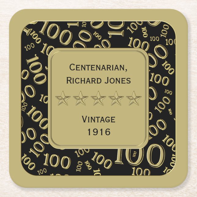 100-årsjubileum: Svarta och Guld Underlägg Papper Kvadrat (Framsidan)