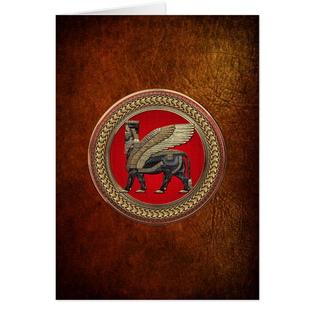 [100] Assyrian Winged Bull: Guld och Black Lamassu Hälsningskort (Framsidan)
