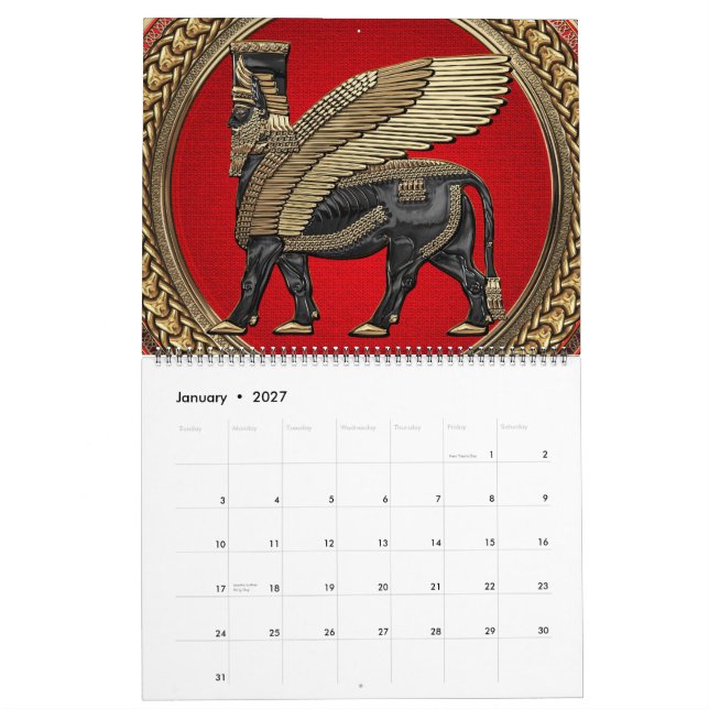 [100] Assyrian Winged Bull: Guld och Black Lamassu Kalender (Jan 2027)