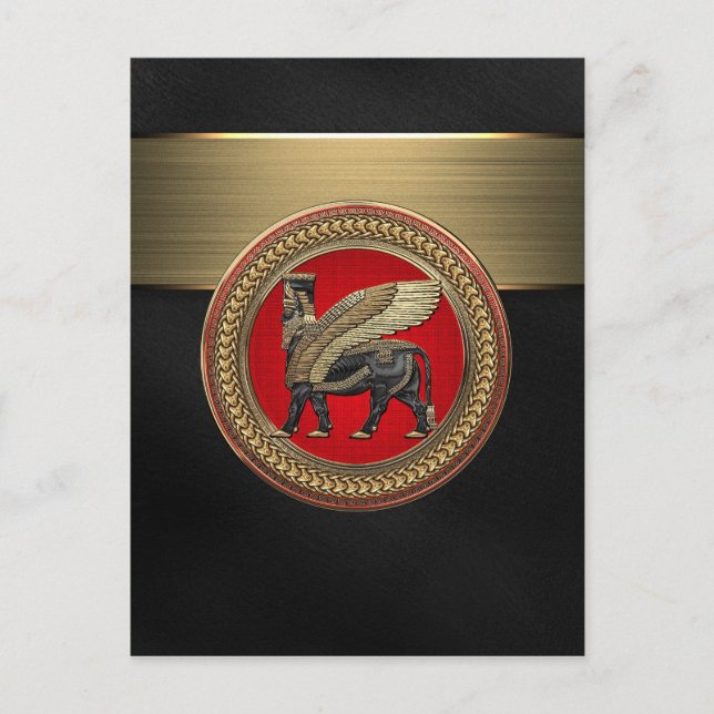 [100] Assyrian Winged Bull: Guld och Black Lamassu Vykort (Framsida)