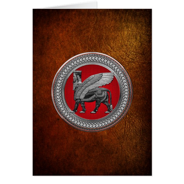 [100] Assyrian Winged Bull: Silver & Black Lamassu Hälsningskort (Framsidan)