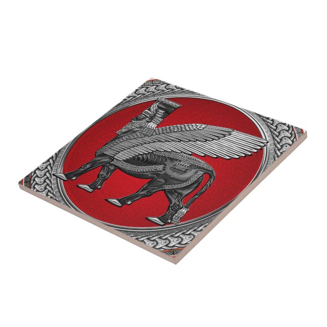 [100] Assyrian Winged Bull: Silver & Black Lamassu Kakelplatta (Sidan)