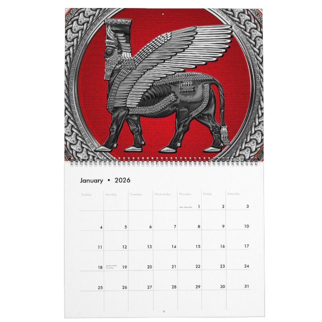 [100] Assyrian Winged Bull: Silver & Black Lamassu Kalender (Jan 2026)