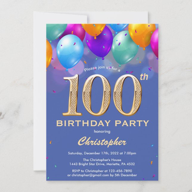 100: Blåfärgade och Guld färgade ballonger Inbjudningar (Framsida)
