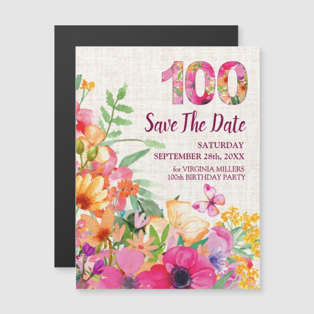 100 Blommigtar Linen 100:e födelsedag Spara datum Magnetisk Inbjudningskort (Fram/baksida)