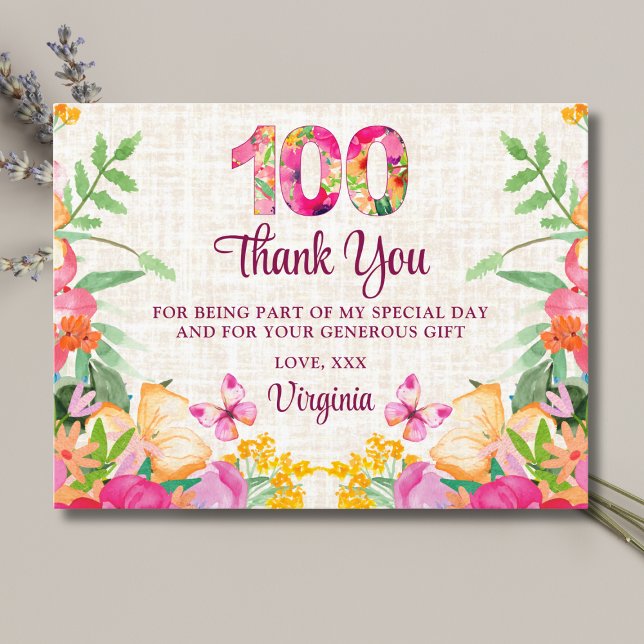 100 Blommor Blommigt Linen 100:e födelsedagen Tack Vykort (Skapare uppladdad)