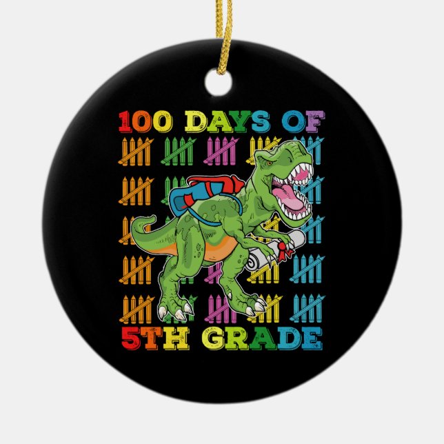 100 dagar av 5:e Klass t Rex Dinosaur-skolan Julgransprydnad Keramik (Framsidan)