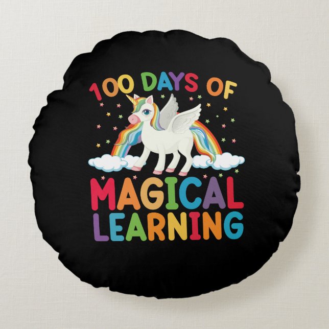100 dagar av magiskt lärande Skolans enhörningsfli Rund Kudde (Framsidan)