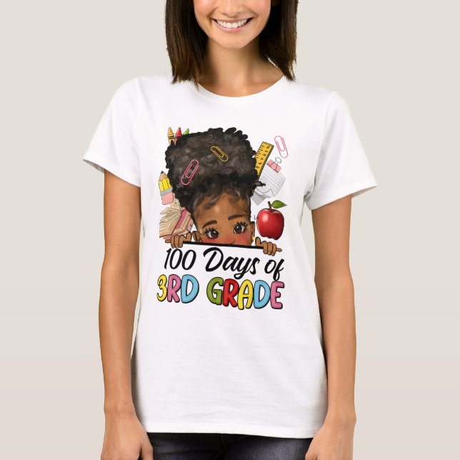 100 dagar av skola 3:e Klass Afro Girl Messy Bun H T Shirt (Framsida)