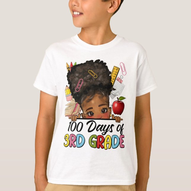 100 dagar av skola 3:e Klass Afro Girl Messy Bun H T Shirt (Framsida)
