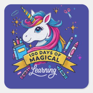 100 dagar med Magic Learning Cute Unicorn Fyrkantigt Klistermärke