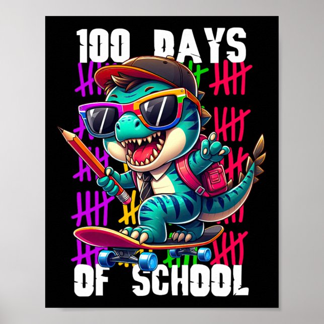 100 dagar på skolan Cool Dinosaur Skateboarding  Poster (Framsidan)