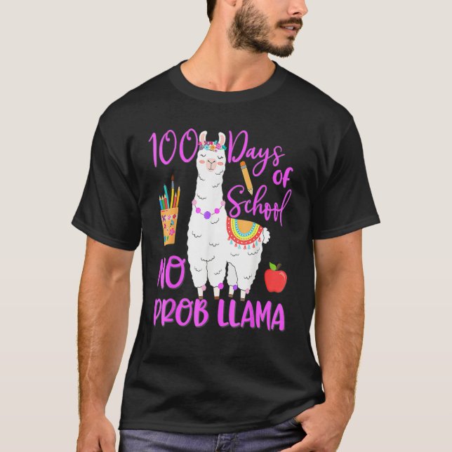 100 dagar på skolan Inga problem Llama Llama Lärar T Shirt (Framsida)
