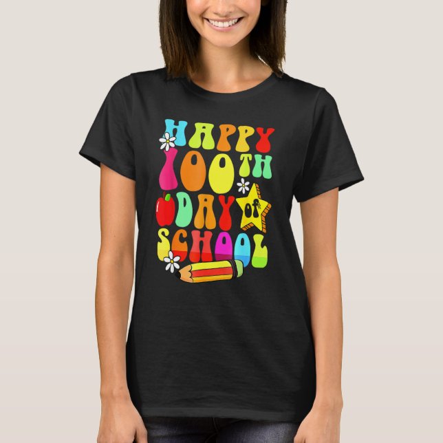 100 dagar Retro Groovy Lycklig 100-dagarsdag i sko T Shirt (Framsida)