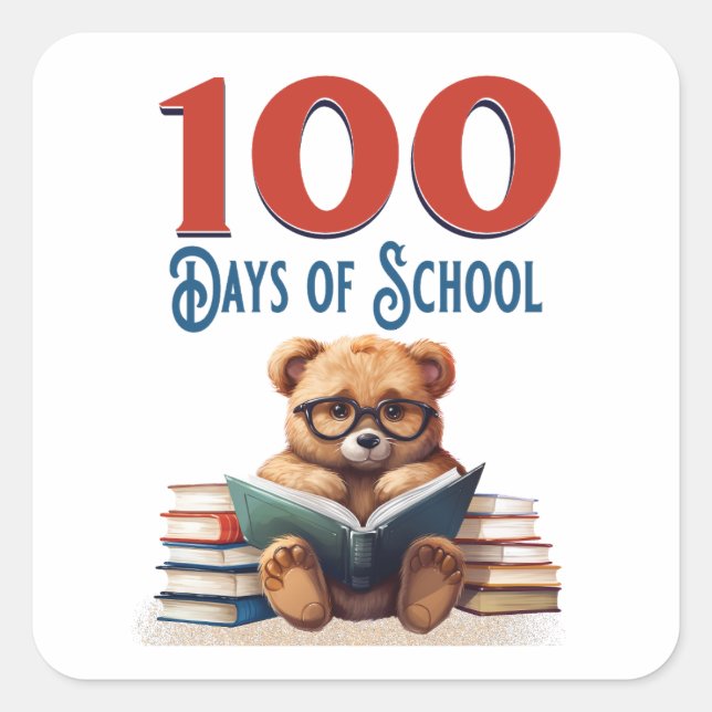 100 Dagar Skola Söt Björn Läsning Klassrum Fyrkantigt Klistermärke (Framsida)